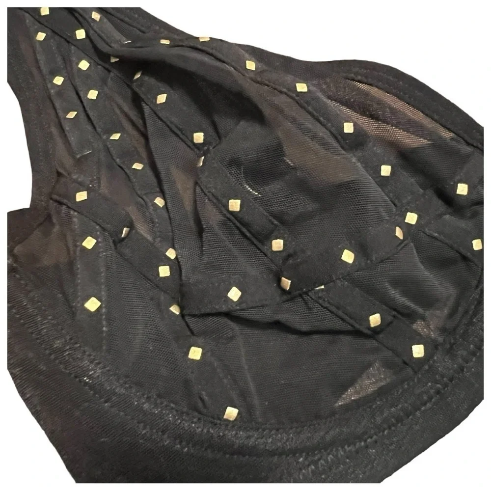 Frederick’s of Hollywood black mesh with gold studs rozlyn bra size 32DD NWT - Picture 2 of 8